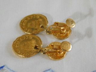 Vintage Accessocraft NYC Gold Greek Coin Dangling Clip On Earrings,  Signed 3