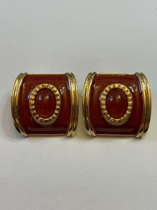 Vintage Avon Gold Tone & Red Enamel Clip On Earrings