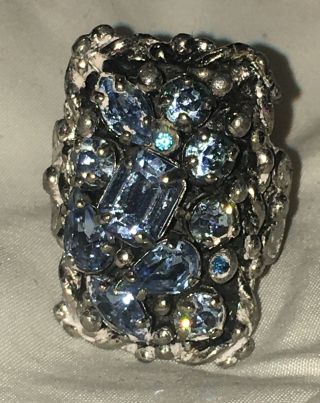 Vintage Barclay Jewels Of India Silvertone Cluster Ring Blue Rhinestones
