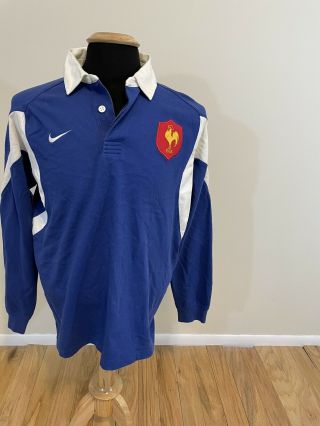 Vintage France Nike Rugby Shirt Size Large Blue Soccer Football Long Sleeve