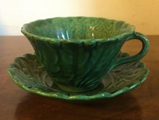 Antique 19th C.  Green English Majolica Pottery Tea Cup & Saucer Dish Leaf Form