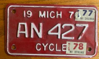 Vintage 1977 1978 Michigan Motorcycle License Plate Red Cycle