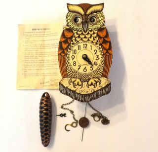 Vintage Adrian Taron Wood Owl Clock With Moving Eyes West Germany