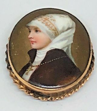 19th C.  Hand Painted Miniature Portrait Of A Nun On Porcelain Brooch Pin.  Tlc