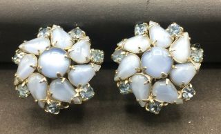 Vintage Blue Moonstone Rhinestone Clip On Earrings