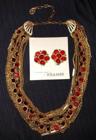 Vtg Designer Kramer 10 Strand Goldtone Necklace & Earring Set Chain/red Jewels