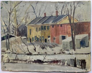 Antique 1930s Impressionist Oil Painting Winter Landscape Factory Signed Goldie
