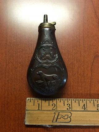 Antique Brass & Leather Gun Powder Flask W/ Dog And Two Birds