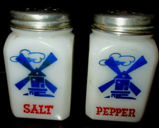 Vintage Tipp City Milk Glass Salt & Pepper Shakers Windmills Made In Usa Great