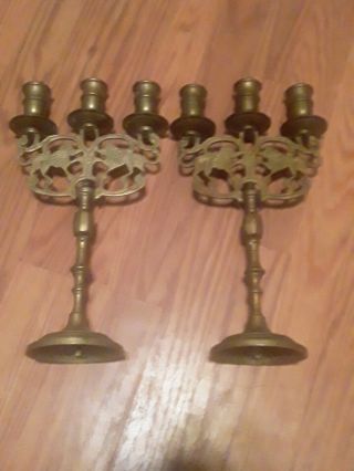 Vintage Solid Brass Lion Triple Candle Stick Holders