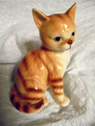 Vintage Ceramic Tabby Cat Figurine 4 " Tall White Tan & Orange Brown Stripes