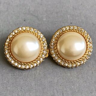 Vintage Signed Jade Clip On Earrings Faux Pearl Rhinestone Gold Plated Round