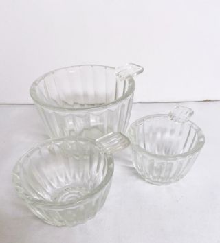 Vintage 3 Glass Measure Cups 1 Cup 1/3 Cup 1/4 Cup Ribbed Design Tab Handle