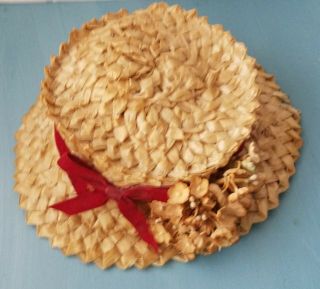Antique Straw Doll Hat For Large French German Bisque Head Size Of 13.  5 "