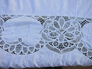 Antique Edwardian White Linen Battenburg Lace Large Tablecloth 67 " Wide X 130 "