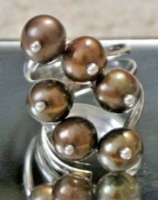 Vintage.  925 Sterling Silver 3 Band Brown Pearl Cluster Ring Size 7
