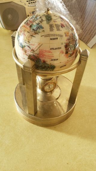 Pearl & Stone Rotating World Globe Clock Semi Precious Gem Brass Art Deco