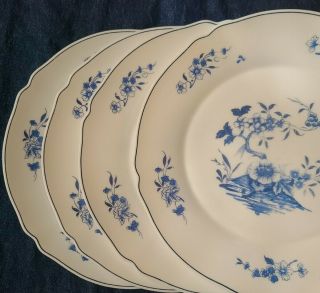 Set Of 4 Arcopal France Blue Floral White Glass 10 " Dinner Plates Vintage