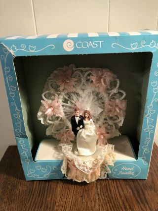 Vtg Coast Novelty Co.  Pink/white Wedding Cake Topper Lace/pearls Hand Painted
