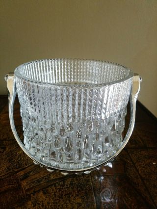 Vintage Teleflora France Glass Ice Bucket With Silver Plated Handle Drip Pattern