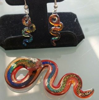 Vintage Art Glass Snake Pendant And Earring Set Bright & Colorful
