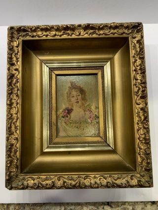 Antique Elegant Lady Oil Painting On Wood Panel F.  A.  Porter On Back