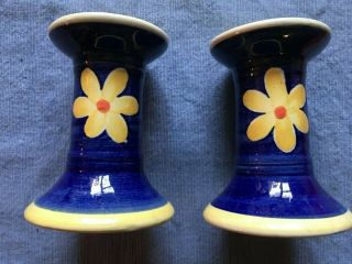 Vintage Blue & Yellow Candlestick Holders Hand Painted Daisies Made In Italy