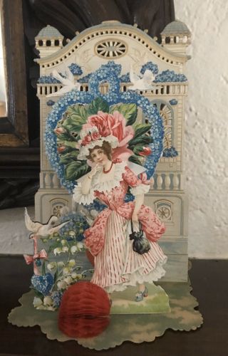 Large 11 " Antique Valentine Card Stands Up Pull Down Honeycomb Doves Flowers