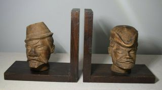 Alpine Bavarian Woodsmen Figural Heads Hand Carved Wooden Bookends German Vintag