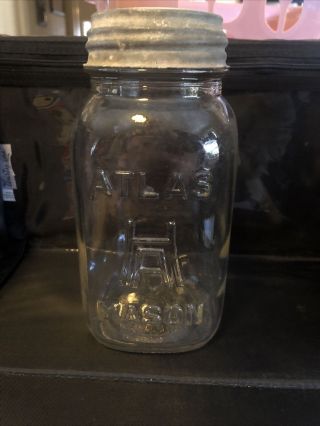 Vintage Glass Hazel Atlas Mason Jar & Zinc Lid H Over A Square A15 2