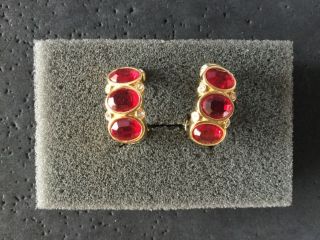 Vintage Gorgeous Swarovski Large Gold Plated Red & Crystal Clip Earrings