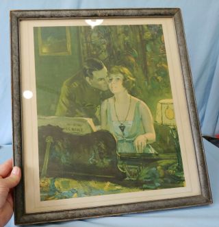 Vintage Framed Art Print Woman At Piano With Man In Wwi Uniform