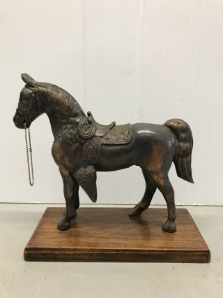 Vintage Bronze Metal Horse Statue On Wood Base