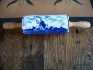 Hand Painted Antique Delft Blue White Windmill Rolling Pin Handles