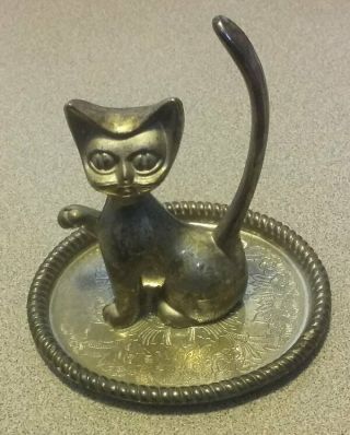 Vintage Silver - Plated Cat Ring Jewelry Holder - Vintage Patina 3 - 1/2 " Tall