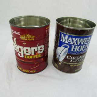 Coffee Tin Cans Folgers Maxwell House Vintage Collectible Red Brown Keepsake