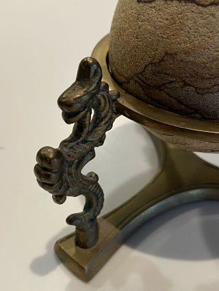 Vintage Polished Sandstone Ball Sphere on Brass Dragon Display Stand Dorodango 2