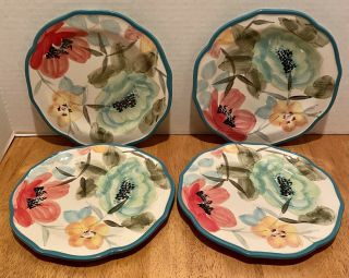 Set Of 4 The Pioneer Woman Vintage Bloom Salad Plates 8.  5 " Turquoise Stoneware