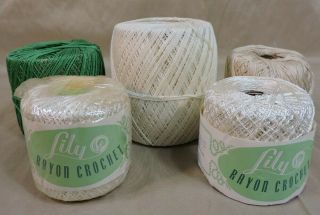 Vintage Lily Mills Company Rayon Crochet Thread White Ecru Green 2 Skeins
