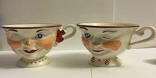 Vintage Lipton Man & Woman Winking Tea Cups Matching Pair 1950 