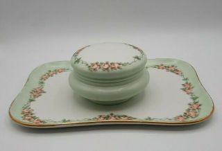 Antique T&v Limoges France Hand Painted Porcelain Vanity Tray & Powder Jar W Lid