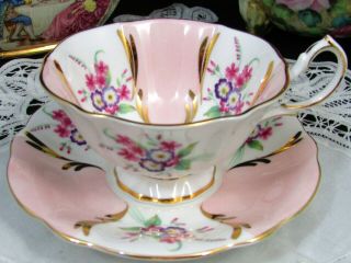 Queen Anne Pink & Floral Panels Gold Gilt Accents Wide Tea Cup And Saucer
