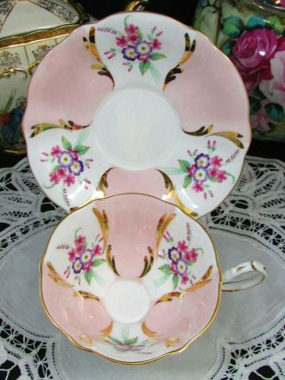 QUEEN ANNE PINK & FLORAL PANELS GOLD GILT ACCENTS WIDE TEA CUP AND SAUCER 2