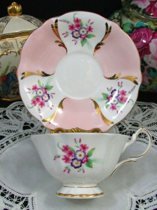 QUEEN ANNE PINK & FLORAL PANELS GOLD GILT ACCENTS WIDE TEA CUP AND SAUCER 3