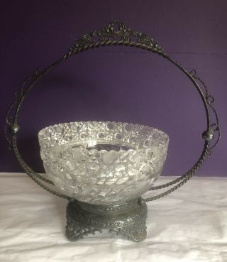 Antique Wilcox Silver Plate Brides Basket With Ornate Cut Glass 8” Floral Bowl