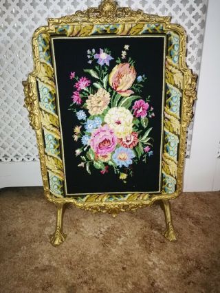 Vintage Gilt Painted Tapestry Fire Screen