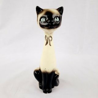 Vintage Long Neck Siamese Cat Mid Century Figurine Ceramic Blue Eyes Bow 9 "