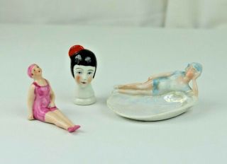 Two Antique German Bathing Beauties And Art Déco Doll Head