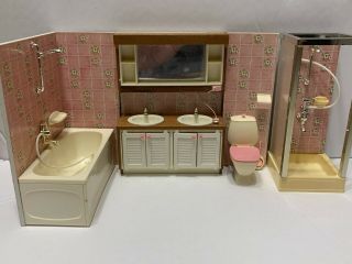 Vintage Lundby Dollhouse Furniture Pink Bathroom Shower Sink Toilet Tub X Panel