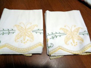 Vintage Pillowcase Hand Embroidered,  Yellow Flowers
